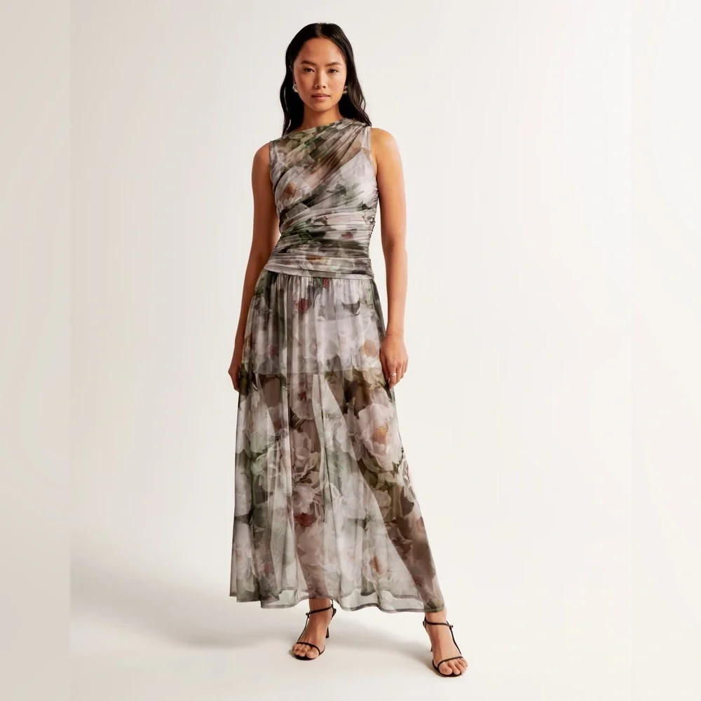 Abercrombie Sheer Mesh High-Neck Drop-Waist Maxi Dress Green Floral XS